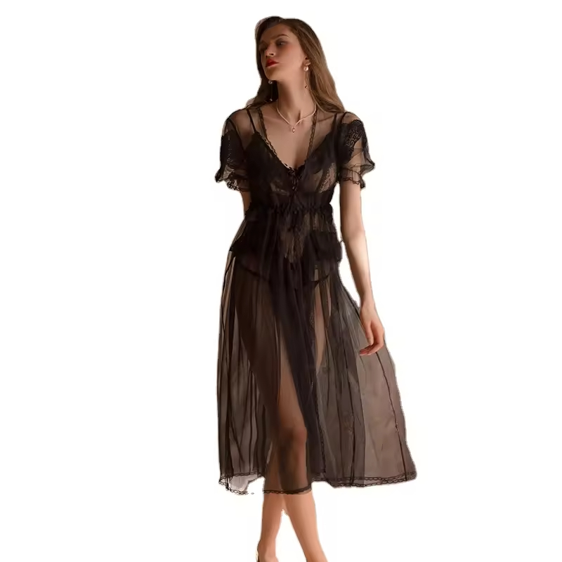Sexy Lace Transparent Nightdress Thongs Slip nightdress robe set Sexy underwear