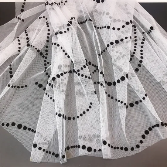 100% polyester black dot flocking printed tulle fabric