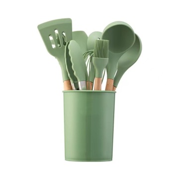 Non-Stick 12-Piece Silicone Kitchen Cooking Utensils Set with Wooden Handles
