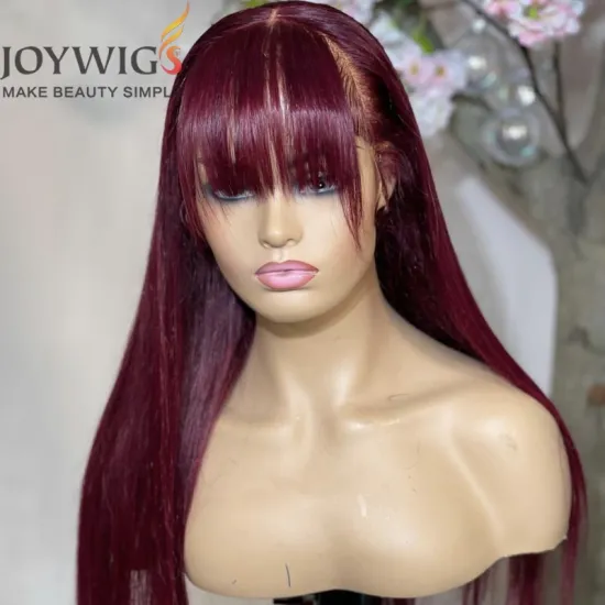 Joywigs Red Long Hair Silky Straight Wig with Bangs, Lace Frontal Design for Black Women: 99J Color Closure Wigs