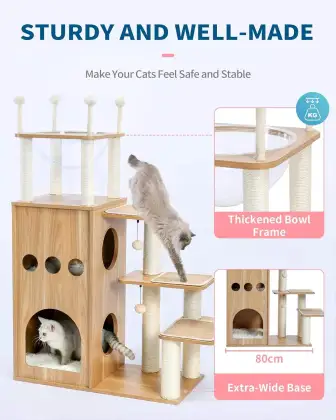 Multi-Level Wooden Cat Tree Sideboard Pet Cage