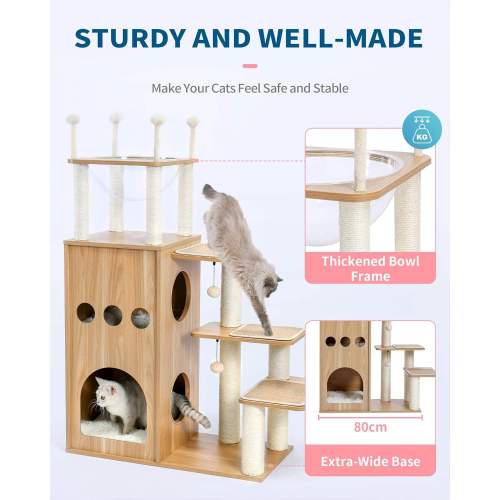 Multi-Level Wooden Cat Tree Sideboard Pet Cage