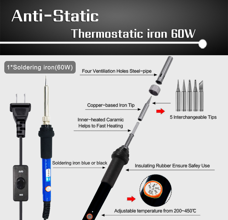 SSTS-SIS-12 60W Adjustable Temperature 12-in-1 Soldering Iron Set & Welding Tools Kit