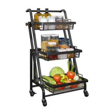 Multifunctional Kitchen Floor-Standing Trolley Rack with Folding Vegetable and Fruit Baskets