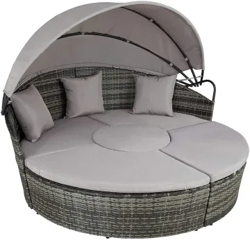 Retractable Canopy Wicker Sofa & Round Rattan Daybed - Outdoor Furniture