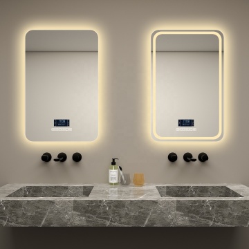 Smart Bathroom LED Mirror with Defogger, Time, and Temperature Display