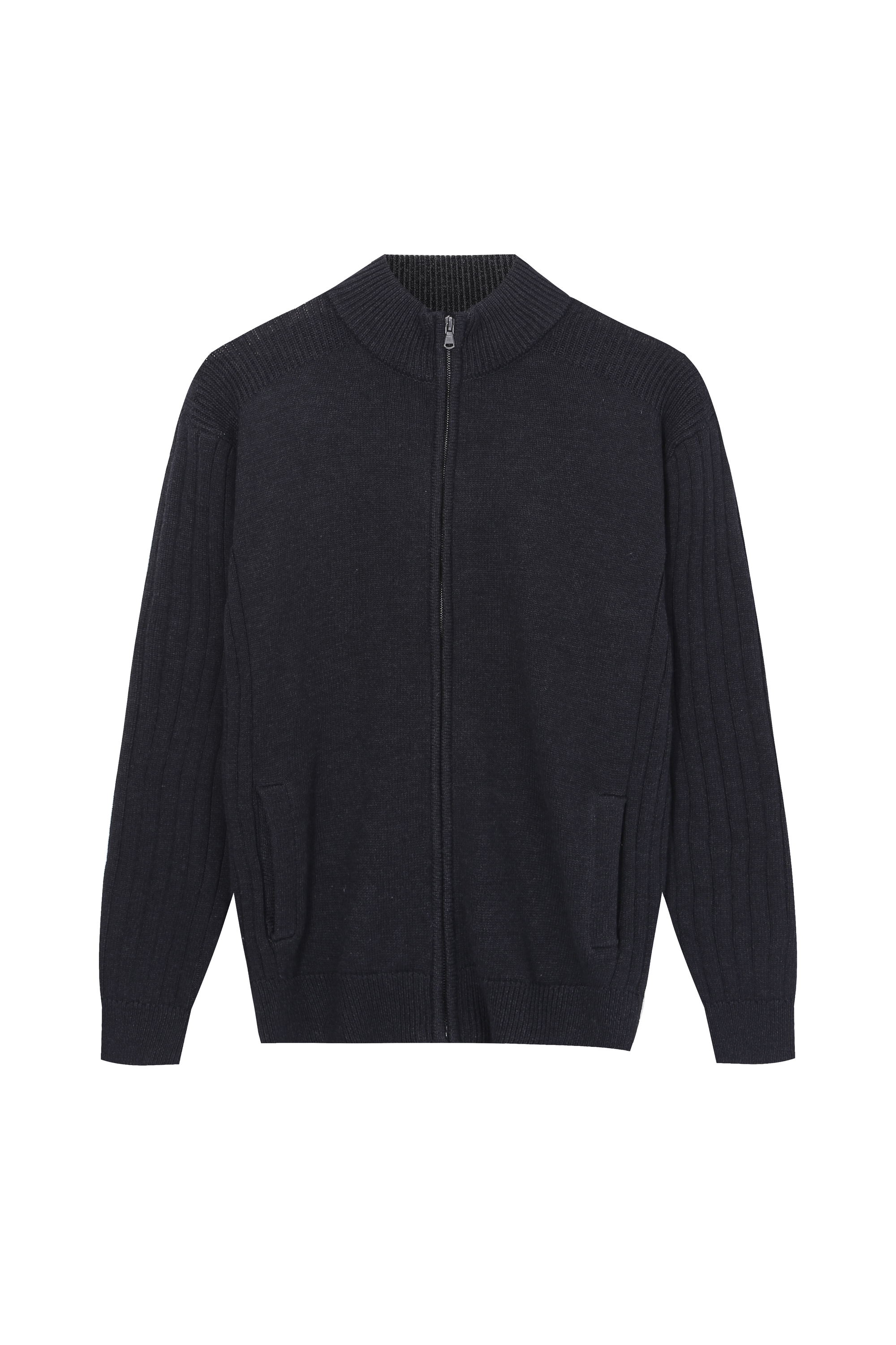 Men's Knitted Full Zip Rib Sleeve Pocket Cardigan, High Quality Men's