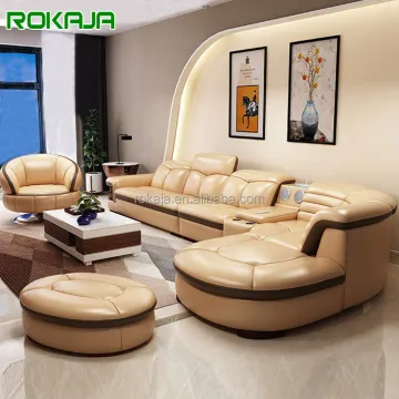 Multifunctional Curved L-Shaped Leather Sofa with USB Sound Footrest