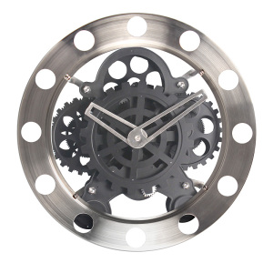 Round Silver Big Black Gear Clock