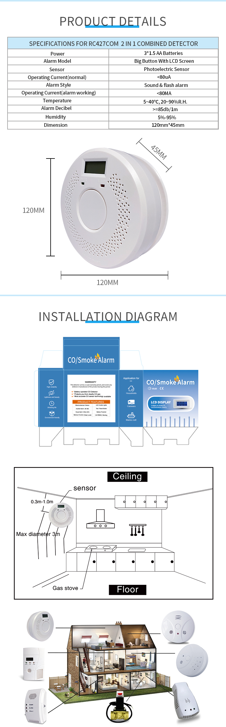 details of smoke and CO combo detector RC427COM