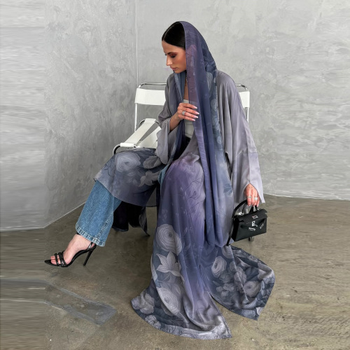 Chiffon Daabacan oo Gradient ah oo Furan Abaya oo leh Xijaab isbarbar dhigaya