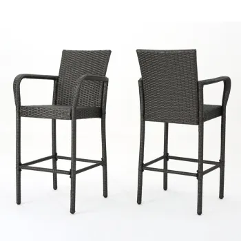 Set of 2 Outdoor Wicker Rattan Bar Stools with Footrest and Armrest