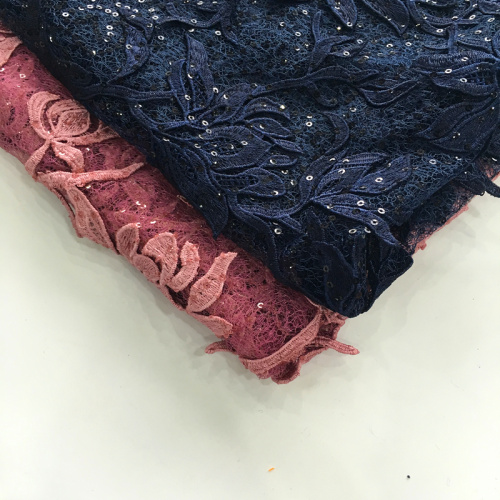 3D Flower Sequin Embroidery On Lace Mesh Fabric