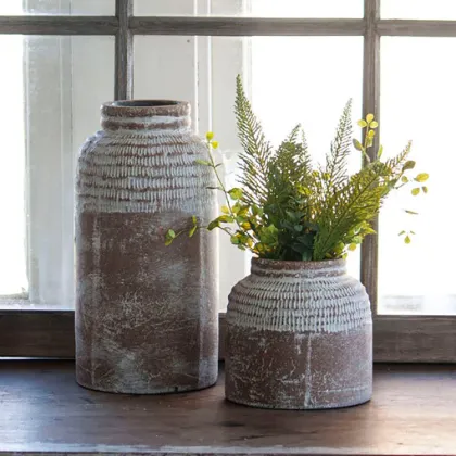 Wholesale Terracotta Cylinder Vases: Unique Hand-Carved Pastoral Garden Flower Vases for Home Decor