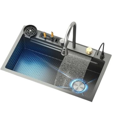 Digital Display Honeycomb Technology Farmhouse Raindance Waterfall Kitchen Sink with Cup Washer and Stainless Steel Construction