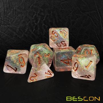 Bescon Shimmery Dice Set Bronze-Golden, Jeu de 7 dés RPG dans un emballage en brique