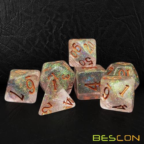 Bescon Shimmery Dice Set Bronze-Golden, Jeu de 7 dés RPG dans un emballage en brique