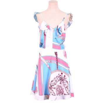 Digital Deep V-neck Ruffle Sleeveless Mini dress