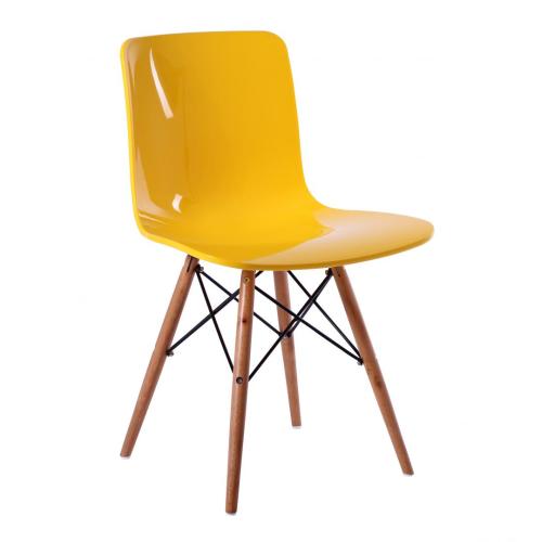 Popular cadeira de jantar de plástico para sala de estar com base de madeira