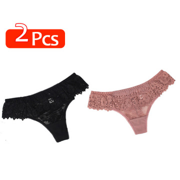 Black and Pink Seamless Lace Thong Briefs for Women