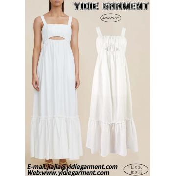 100% Cotton Pleated Sleeveless White Midi Dress
