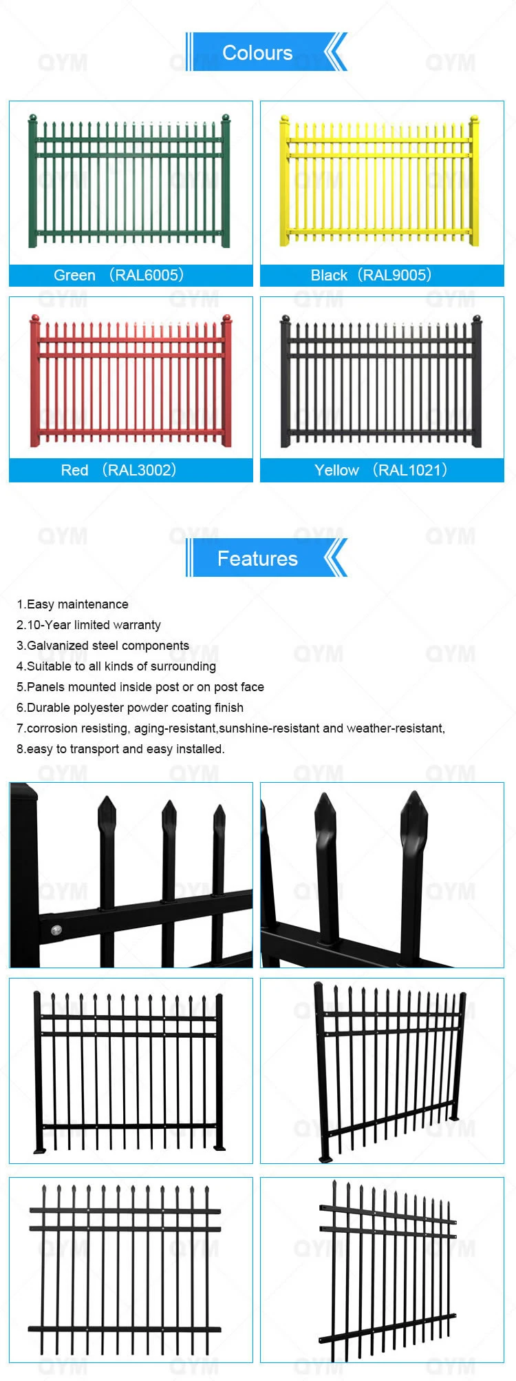 Clôture PVC PVC Black Whited Fir Square Tube Fence en fer