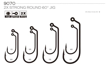 High Quality BKK 9070 2X Strong Round 60 Degrees Jig Head Hook - Saltwater Fishing Black Nickel Color