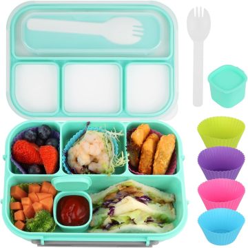 4 Compartment Plastic Lunch Container for Kids: A Convenient School Lunch Box with Spoon Included