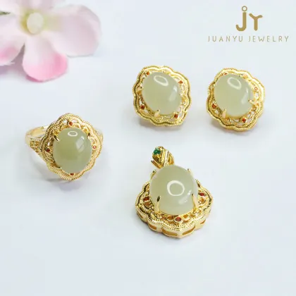 3-Piece Hollow-Out Copper & Hetian Jade Jewelry Set: Earrings, Ring, Pendant, and Necklace