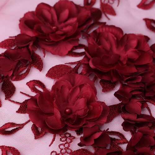 Deep Red 3D Flower Lace Embroidery Fabric