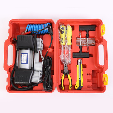 Professional Grade HIT Emergency Car Tyre Repair Tool Kit with Heavy Duty DC 12v Double Cylinder Mini Air Compressor Pump - Portable Tire Inflator