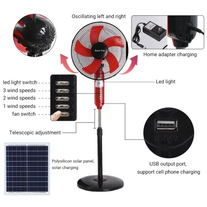 16 Inch Standing Fan - Black and White 3-Speed Solar Floor Fan