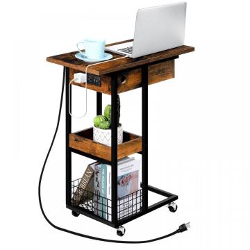 Sofa Side Table with Storage Basket Rolling Wheels