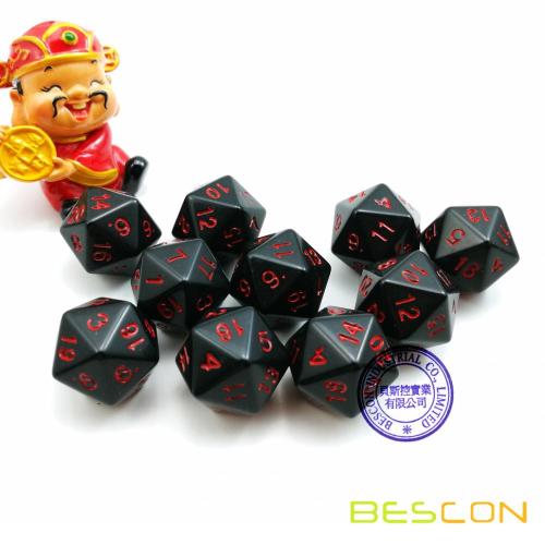 Ensemble de 10pcs noir 20 côtés Dice noir Opaque D20 avec chiffres rouges Ensemble 10pcs