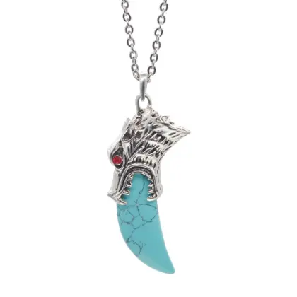 Handcrafted Silver Wolf Head Turquoise Tooth Pendant Necklace with 60CM Chain for Men - Priceless Stone Edition