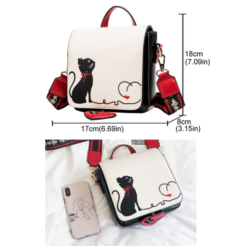 Women Bag Cute Cat Embroidery Shoulder Bag Leather