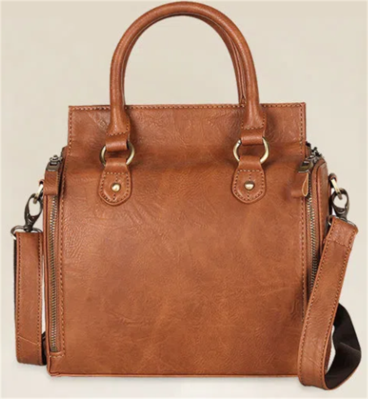 Four-sided Opening PU Leather Brown Handbag