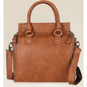 Four-sided Opening PU Leather Brown Handbag