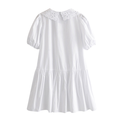 Moda Bordado Patches Vestido Branco Lanterna Feminina