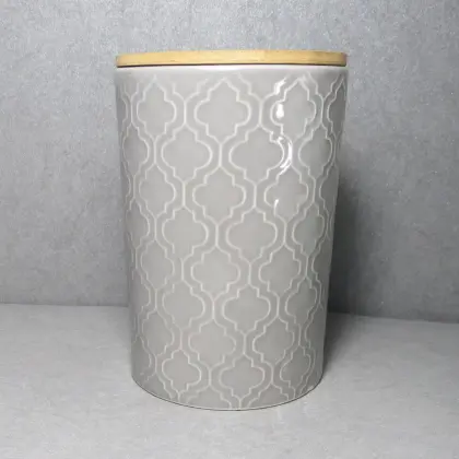 Embossed Ceramic Storage Jar With Bamboo Lid