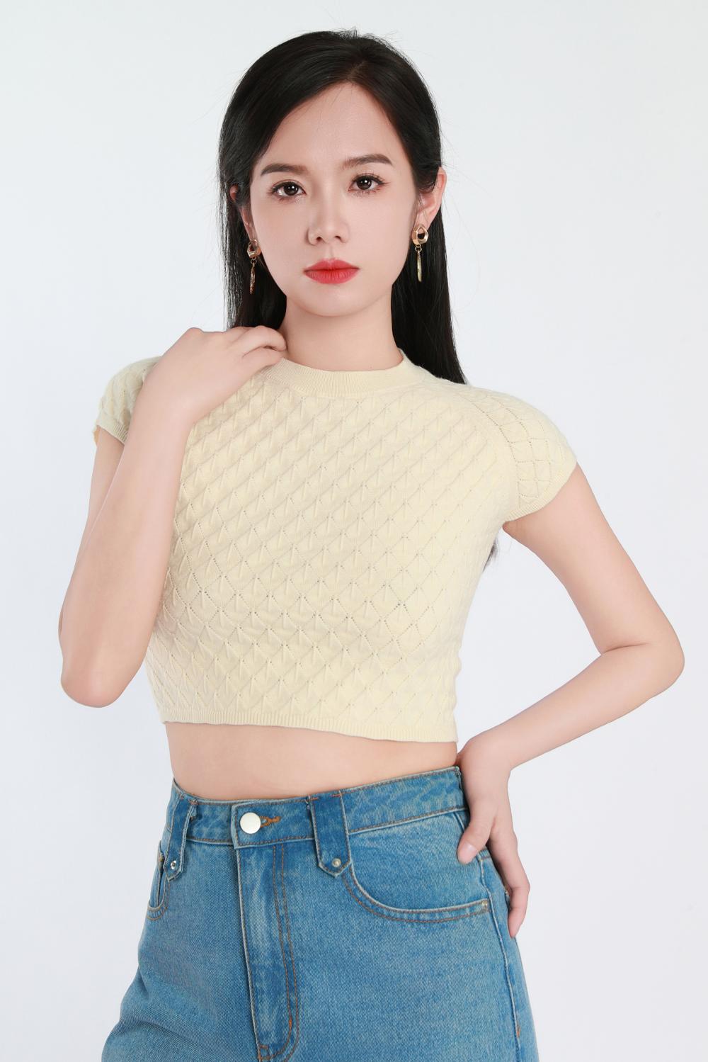 Crew-neck short-sleeved woolen blouse