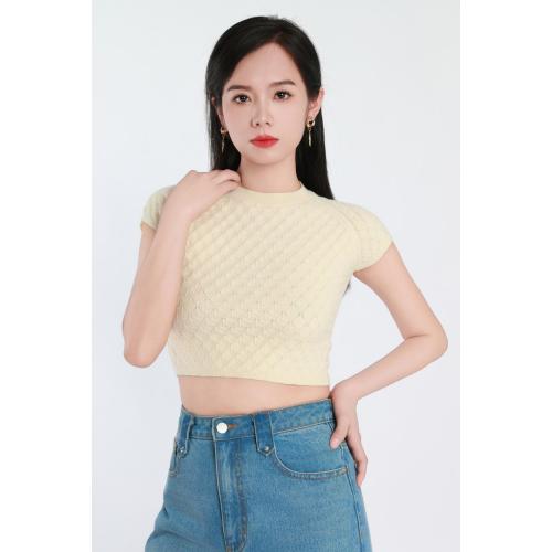 Crew-neck short-sleeved woolen blouse