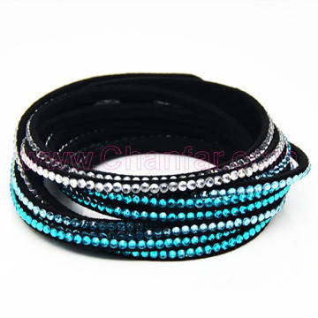 Cheap sale double color crystal paved velvet wrap mens leather bracelet