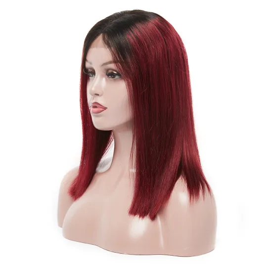 Huashuo Highest Discounts 180% Density Remy Peruvian Human Hair Ombre Dark Red 99J Lace Front Short Wavy Bob Wig