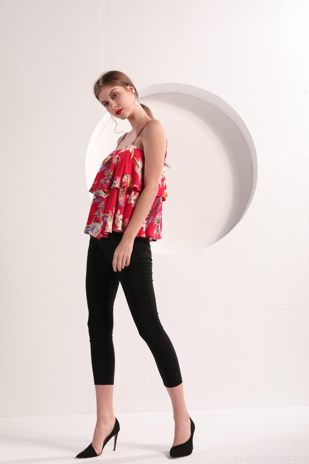 Top de camuflaje floral rojo para mujer