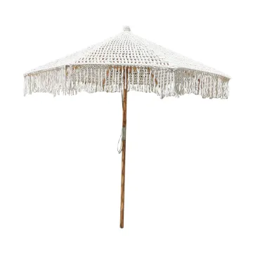 Outdoor Bohemian Cotton Rope Macrame Parasol Umbrella for Beach, Patio, and Garden with Wooden Pole and Tassels