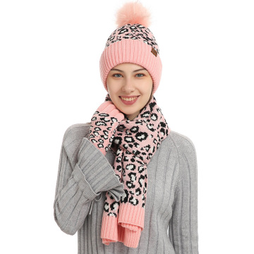 Winter Leopard Print Knitted Beanie Caps with Scarf and Gloves Set