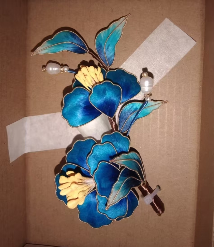 Blue national style peony velvet flower brooch