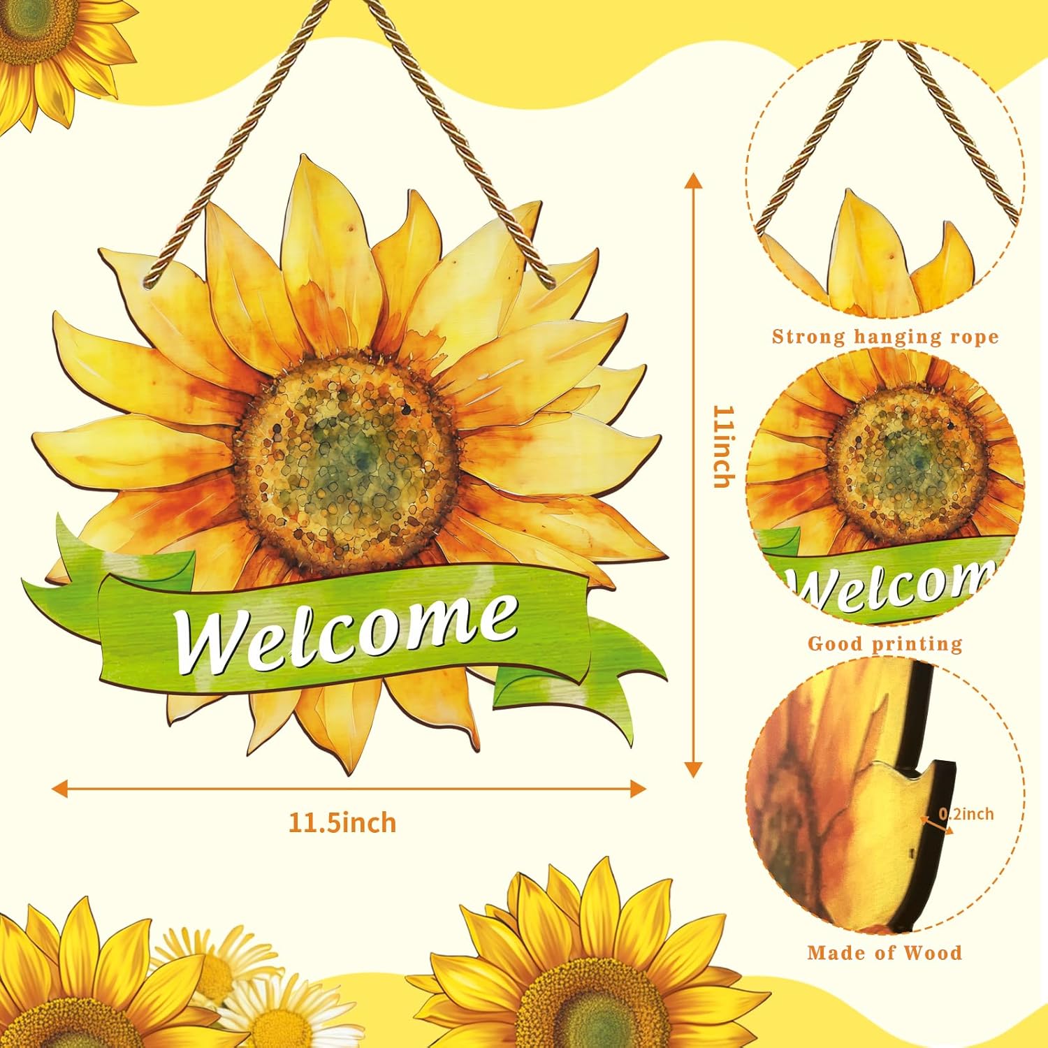 Watercolor Sunflower Welcome Wooden Hanging Sign Front Door Decor