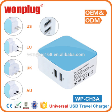 Universal mobile phone world travel charger 2 usb wall charger from wonplug with US/UK/AU/EU plug